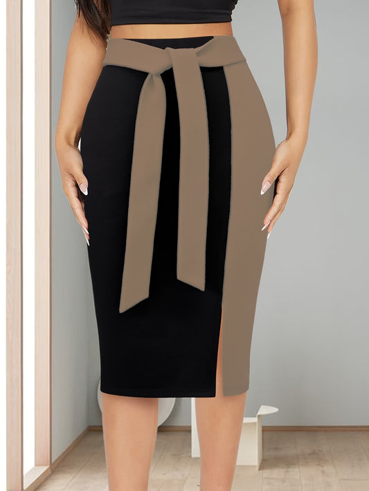 Women's Elegant Slim-Fit Color-Block Midi Skirt - Black to Burgundy Ombre with Adjustable Ribbon Bow Detail, Machine Washable H-Silhouette for Spring/Summer Office to Party Wear, Cute Skirts, Sophisticated Texture