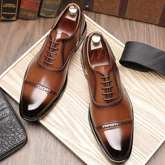 Men's Split Cow Leather Upper Solid Color Cap Toe Microfiber Upper Oxford Shoes, Comfy Non Slip Rubber Sole Durable Formal Shoes, Men's Footwear SHOWLU FASHION STORE