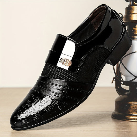 Men's Elegant Black Slip-On Dress Shoes with Embossed Design & Metallic Accents - Perfect for Weddings, Parties, and Formal Events, Wedding Footwear | Elegant Slipons | Decorative Embossed Design SHOWLU FASHION STORE