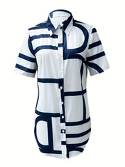 Women'S Geometric Print Short Sleeve Shirt, 100% Polyester, Woven Fabric, 105g/m², Lapel Collar, Button Front, All Seasons, Casual Shirting
