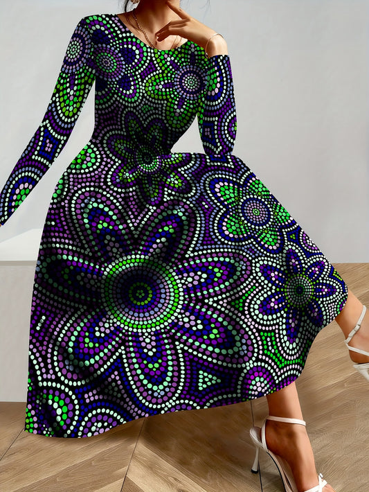 Women's Elegant Long Sleeve Maxi dress - Formal to Casual Party, Beach Vacation & Everyday Outfits - Machine Washable A-Line Dress in Purple & Green color combination - All-Season Women's Clothing, Comfortable Fit