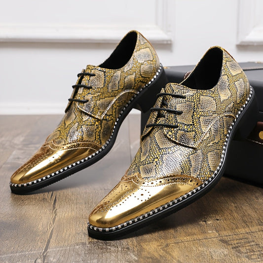 Men's Stylish Golden Brogue Loafers with Diamond Pattern - Pointed Toe Dress Shoes for Business & Casual Wear, Low-Top Lace-Up Design, All-Season Comfort, Allseason Shoes | Stylish Brogue Loafers | Polished Finish Shoes SHOWLU FASHION STORE