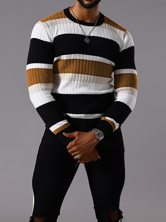 Men's Striped Color-Block Ribbed Knit Sweater - Long Sleeve Round Neck Pullover with Elastic Comfort Fit, Machine Washable Casual Fall Winter Top in Black/White/Green/Beige, Knit Sweater, Medium Elasticity