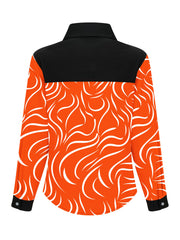 Women's Elegant Striped Button-Front Blouse - Orange & Black Contrast Design, Semi-Sheer Long Sleeve Shirt, Machine Washable All-Season Top for Casual & Formal Wear, Contrast Color Design, Structured Turndown Collar