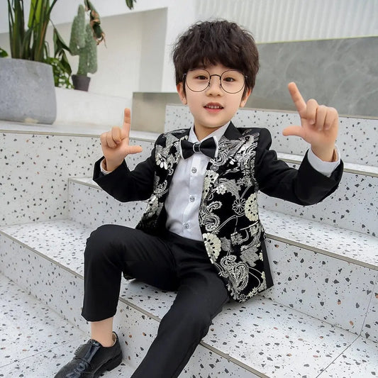 Showlu Fashion Store 0 JACKET PANTS / 24M Children Formal Dress Kids Flower Jacket Pants Bowtie 3PCS Piano Costume Boys Bronzing Show Host Handsome Photography Suit