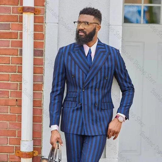 Blue and Black Stripe Men Suit Double Breasted Wedding Two Pieces Groom Wear Peaked Lapel Blazer (Jacket + Pants) SHOWLU FASHION STORE