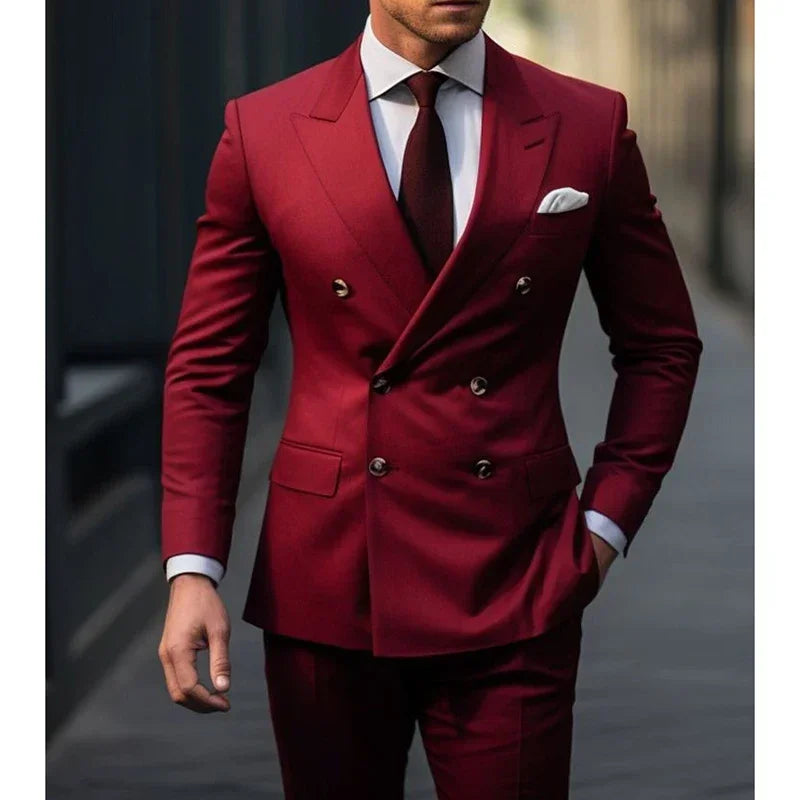 Red Double Peak Lapel Regular Length Wedding Outfits Elegant Blazer High Quality 2025 2 Piece Jacket Pants Formal Party SHOWLU FASHION STORE