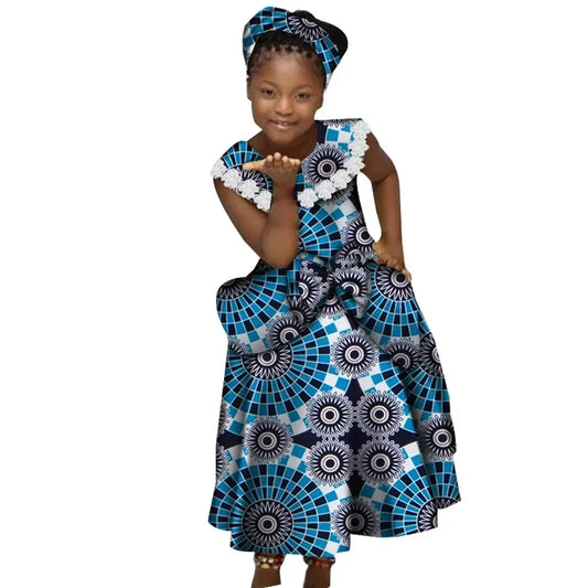 African Dresses for Little Girls Pleated Skirt Gifted Hair Band Lovely Girl Clothing with Big Bow Custom Size Clothes WYT538