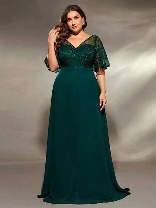 Mgiacy plus size V-neck See-through trumpet sleeve embroidered chiffon full skirt Evening gown Ball dress Party dress SHOWLU FASHION STORE