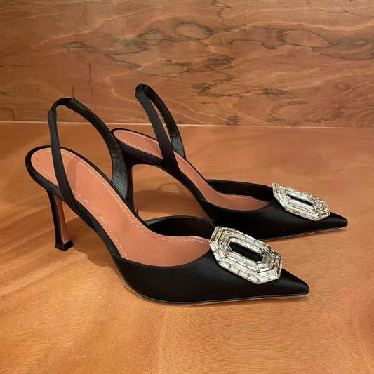 Rhinestone Toe Sandals Women's New Black Versatile Temperament Silk Pointed Toe Back Strap Stiletto Heels SHOWLU FASHION STORE