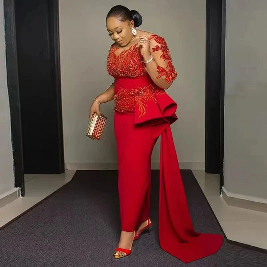 Saudi Arabia Luxury Red Lace Appliques Prom Dresses Sheer Long Sleeves Sheath Women Evening Party Dress Plus Size Customized SHOWLU FASHION STORE