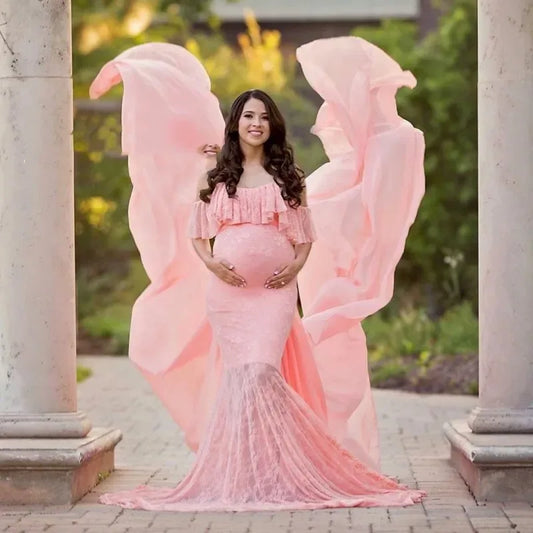 Clothing Photography European and American Women's Lace Short-sleeved Flysleeve Dresses for Maternity Photo Shoots
