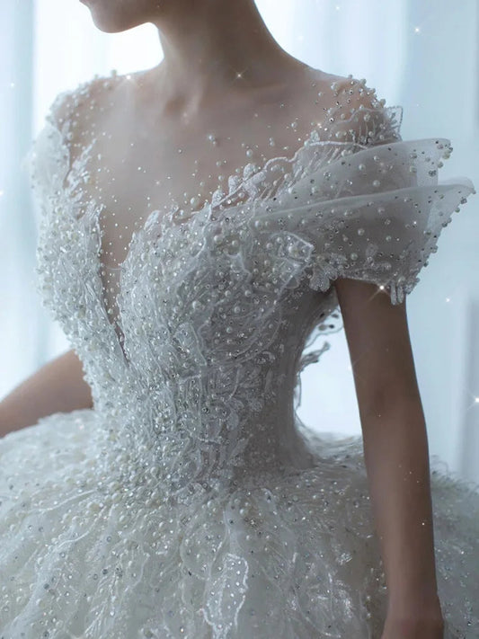 D120 2024 Princess Sexy Luxury Crystal Beaded Wedding Dress Puff Tulle White Wedding Gown Simple Bride Dress Women SHOWLU FASHION STORE
