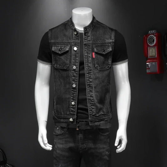 New High Quality Fall on The New Fashion Handsome Trend Everything Black Stand Collar Large Size Cowboy Vest Man Vest for Men SHOWLU FASHION STORE