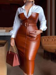 Womens Shirt Collar Dresses New Autumn Buttons Long Sleeve PU Leather Patchwork Pocket Skinny Belted Lapel Female Midi Dress SHOWLU FASHION STORE