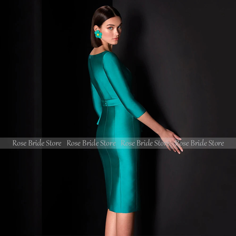 Column Cocktail Dress Turquoise Satin V Neck 3/4 Sleeves Knee Length Wedding Guest Gowns for Women Ruffle Sheath Cocktail Dress SHOWLU FASHION STORE