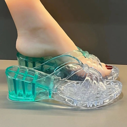 Women's Sandals High Heel Sandals Summer Jelly Shoes Flat Slippers Home Flip-Flops Outdoor Retro Sandals Transparent Slippers
