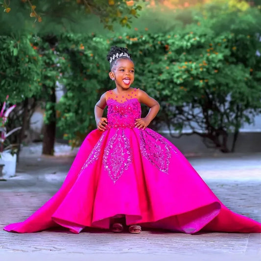 Fuchsia Baby Girl Birthday Party Satin Dress Beaded Lace Appliques Sleeveless Flower Girl Dresses For Wedding Customized