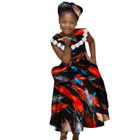 African Dresses for Little Girls Pleated Skirt Gifted Hair Band Lovely Girl Clothing with Big Bow Custom Size Clothes WYT538