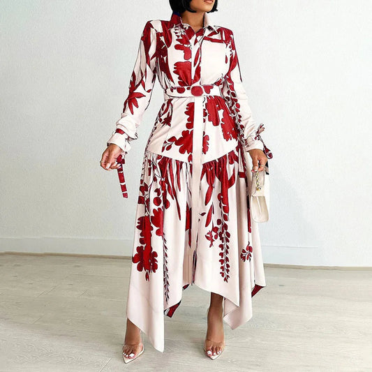 Elegant Printed Dresses Woman 2024 Turn Down Collar Single Breasted Full Sleeve Asymmetric Ankle Length Fashion Birthday Dress SHOWLU FASHION STORE