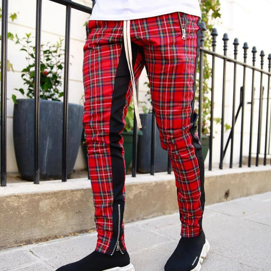 Men's spring and summer fashion casual two-color plaid tracksuit pants with zipper bottoms fitness pants SHOWLU FASHION STORE