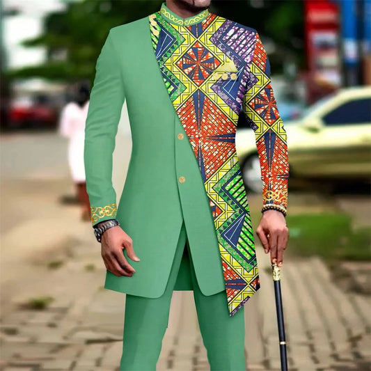 New African Suits for Men Embroidery Print Blazer and Pants Set Business Dress Suit with Kerchief Party Wedding Evening
