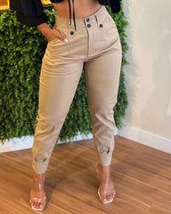 Casual Women's Pants Autumn Fashion Khaki Pencil Pants Casual High Waisted Button Pocket Women's Daily Commuting Cargo Pants SHOWLU FASHION STORE