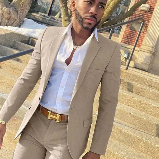 2 Piece Beige Fashion Costume Slim Fit Gentlemen Suits for Men Wedding Groom Tuxedo Male Jacket with Pants