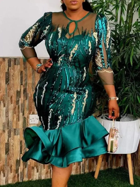 Showlu Fashion Store 0 Green / L Women Party Dresses Mesh See Through Sequined African Celebrate Sheath Three Quarter Sleeves Evening Princess Dress Womans New