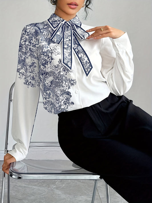 Women's Elegant Blouse - Semi-Sheer Buttoned-up Shirt with Floral bow tie, White & Navy Blue Floral Print, Long Sleeve Office Party Top for Women, Sophisticated Attire, Classic Collared Design, Detailed Print Design