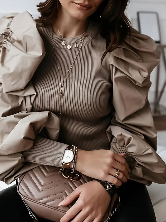 Women'S Black Ribbed Blouse with Puff Sleeves & Round Neck - Stylish Layering Piece for Casual or Formal Outfits, Allseason Top | Ribbed Texture Top | Construction, Ladies Blouses