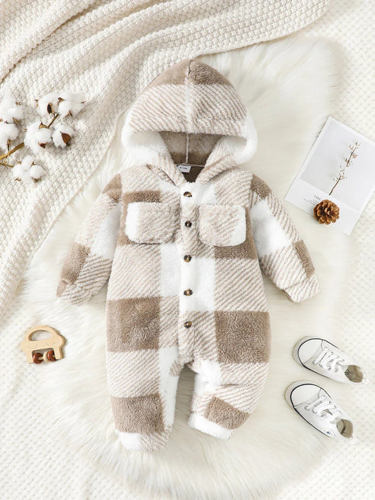 Baby Boys and Girls Plaid Romper Hooded Long Sleeved Plush Jumpsuit Winter Warm Bodysuit Clothes for Toddler Boy 3 - 24 Months - SHOWLU FASHION STORE