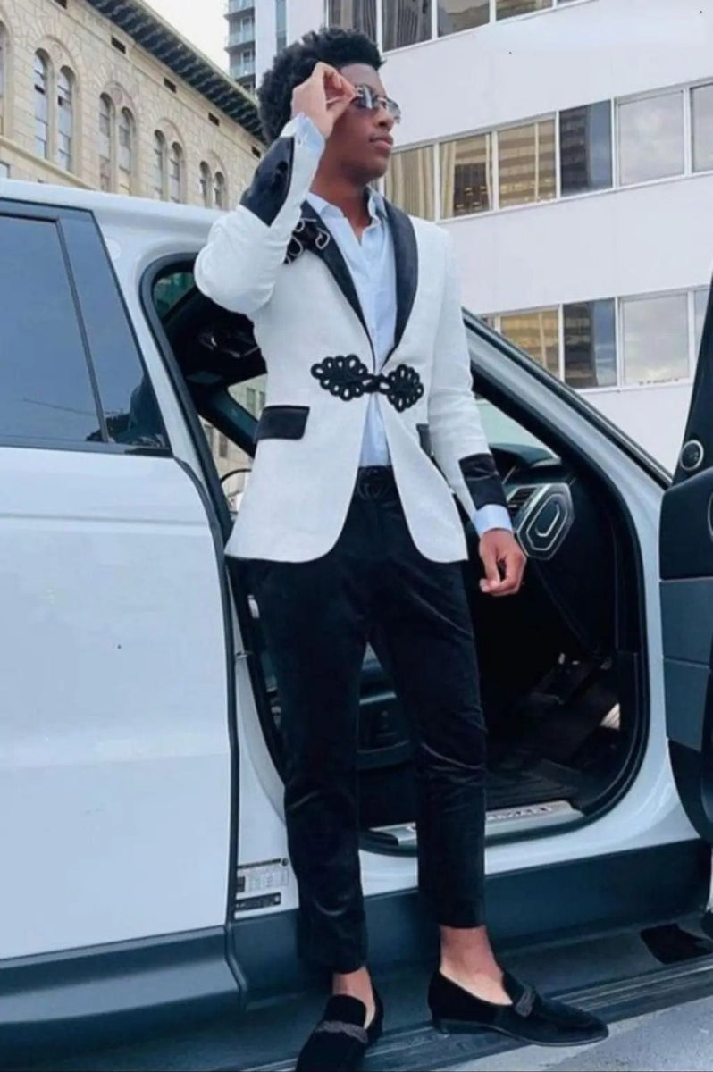 Black&White Jaquard Suits for Men 2 Pieces Slim Fit Young Man Prom Party Suit Velvet Wedding Tuxedos Trajes De Hombre Coat+Pant - SHOWLU FASHION STORE