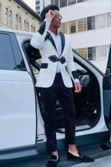 Black&White Jaquard Suits for Men 2 Pieces Slim Fit Young Man Prom Party Suit Velvet Wedding Tuxedos Trajes De Hombre Coat+Pant - SHOWLU FASHION STORE