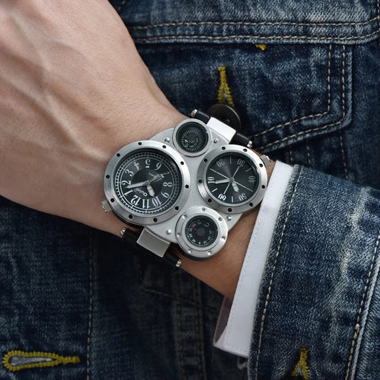 Brand Oulm Sports Style Big Face Watches Men Dual Time Zone PU Leather Quartz Watch Compass Decoration Relogio Masculino - SHOWLU FASHION STORE