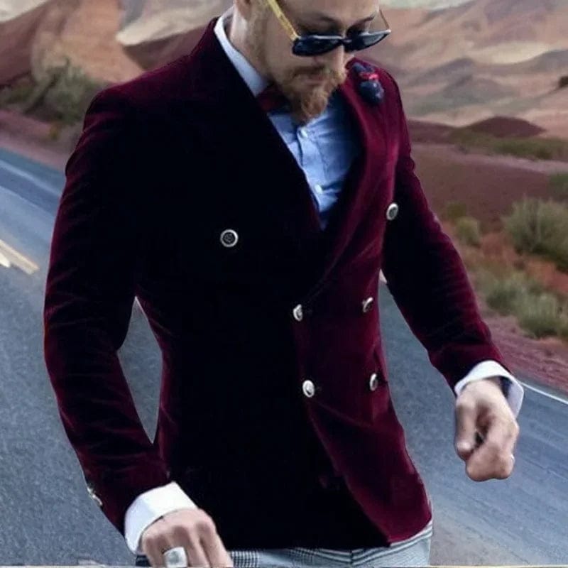 Burgundy Velvet Smoking Jacket for Men Slim Fit Double Breasted Casual Suit Blazer 1 Pcs Groom's Fashion Coat 2024 - SHOWLU FASHION STORE