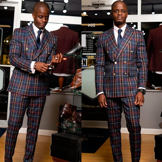 Casual Men Suits With Two Button Two Pieces Jacket Pants Grid Custom Made Bridegroom Wedding Formal Occasiom - SHOWLU FASHION STORE