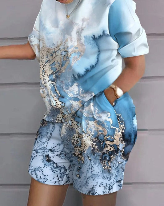 Casual Short Sleeve Tshirt Outfit Women 2023 Summer Gradient Print Pocket Short Sets Suit Female T Shirt Shorts Two Pieces Set - SHOWLU FASHION STORE