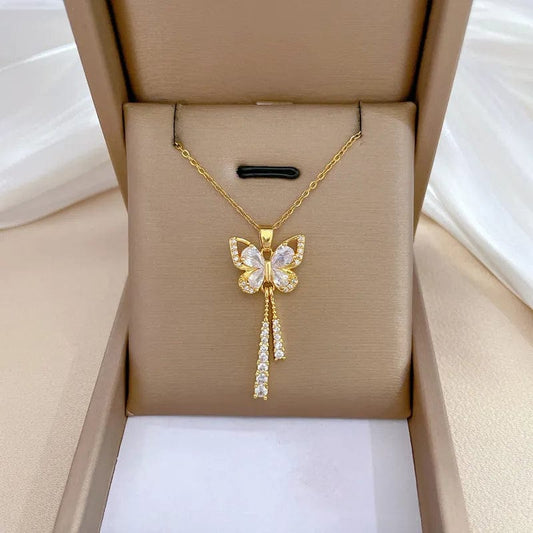 Classic Charming Romantic White Tassel Butterfly Necklace Fashionable Micro - inlaid Temperament Versatile Stainless Steel Gift - SHOWLU FASHION STORE