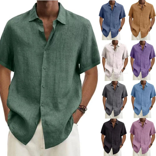 Cotton Linen Blouse Summer Men Turn Down Collar Short Sleeve Button Loose Blouse Tops Oversized S - 5XL SZE - ST22092 - SHOWLU FASHION STORE