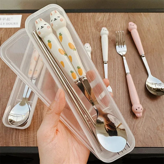 Cutlery Cartoon Rabbit Spoon Fork Chopsticks Sets Portable Lunch Tableware Stainless Steel Travel Dinnerware Kitchen Supplies - SHOWLU FASHION STORE