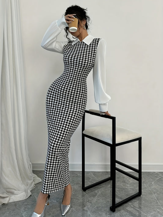Women's Elegant Houndstooth Print Puffed Sleeve Bodycon Dress - Black & White Contrast, Machine Washable, All-Season Versatile Fit, Clothes for Ladies, Formal Attire, Classic Collared Top, Medium Elasticity