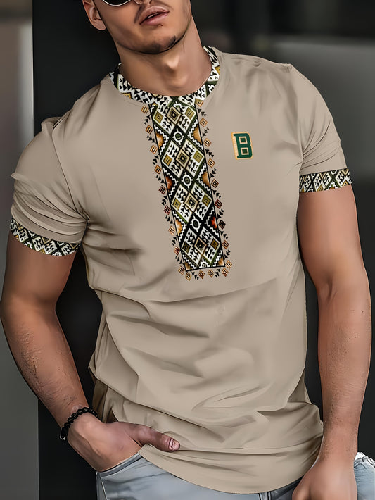 Men's White Geometric Print Casual T-Shirt - 100% Polyester, Breathable & Moisture-Wicking, Machine Washable, Regular Fit for All-Season Comfort, Breathable Clothing | Geometric Pattern Shirt | Comfortable Fit