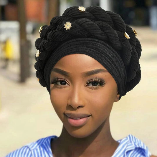 Double Braid Diamonds Halo Turban Cap Lady Cancer Chemo Caps Female Beanie Bonnet Hair Loss Cover African Head Wraps - SHOWLU FASHION STORE