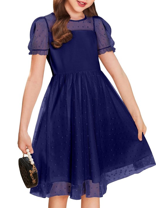 Girls Dresses Clashing Mesh Puffy Short Sleeve A-Line Casual Party Dresses