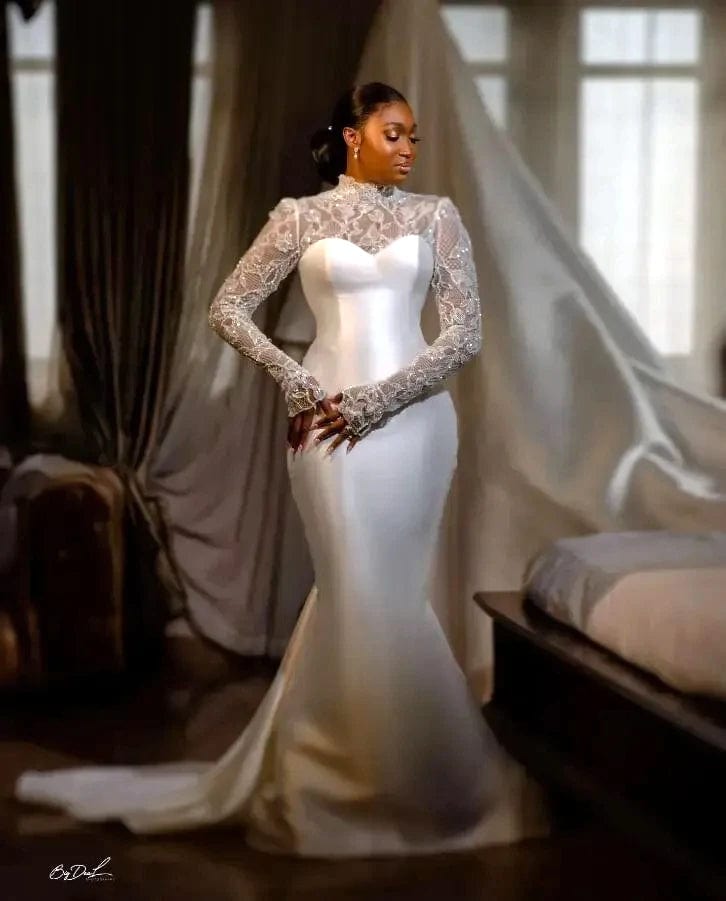 Elegant Satin Mermaid Wedding Dresses Long Sleeves Back Buttons Long Fitted Bridal Gowns Pretty Bride Formal Dress 2024 - SHOWLU FASHION STORE