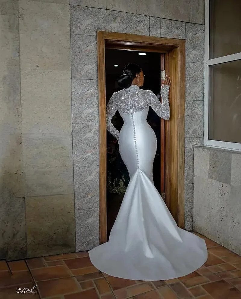 Elegant Satin Mermaid Wedding Dresses Long Sleeves Back Buttons Long Fitted Bridal Gowns Pretty Bride Formal Dress 2024 - SHOWLU FASHION STORE