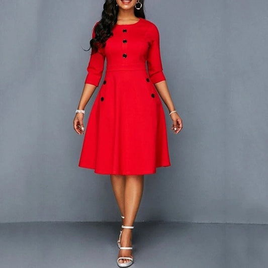 Elegant Solid A - Line Dresses for Women Fashion O - Neck Single - Breasted Design Pockets Decor High Waist Party Dress Slim Vestidos - SHOWLU FASHION STORE