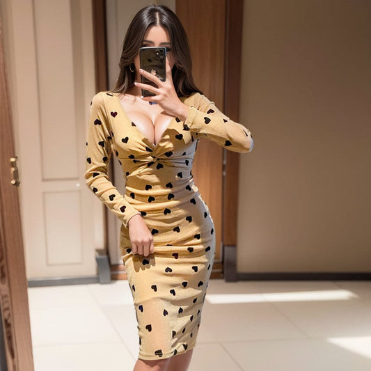 Elegant V - neck Show Chest Kinked Heart Printed Midi Skirt - SHOWLU FASHION STORE