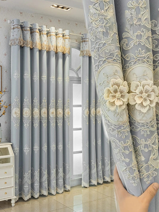 European Embroidered Jacquard Sheer Curtains Luxury Blackout Curtains Double Layer Window Darpes with Sheer Overlay - SHOWLU FASHION STORE